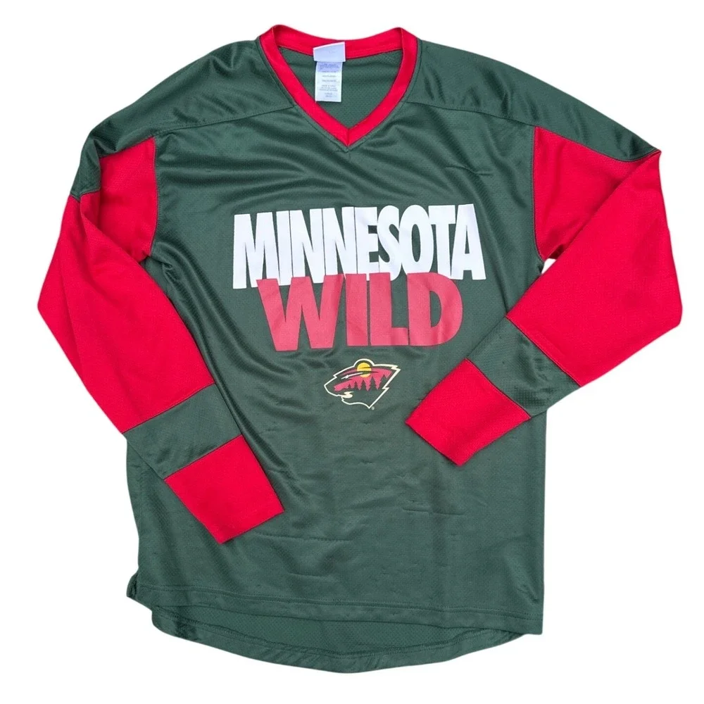 NHL Minnesota Wild Jersey Mens Medium Green Red Long Sleeve Hockey Fan Shirt